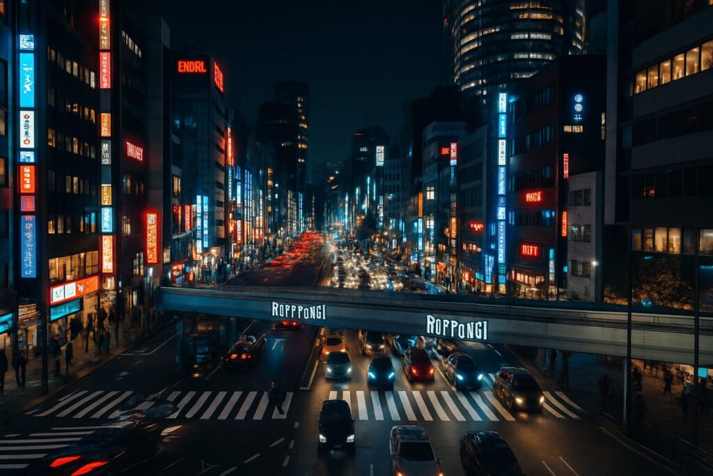 多くの車と人々が行き交う夜の六本木の交差点。