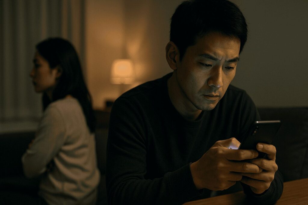 妻に隠れてスマートフォンを見る夫。不倫男性の行動の変化として最も多い、スマホの怪しい使い方。