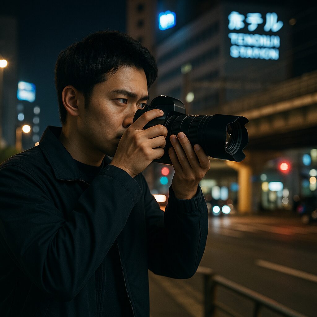 若い東アジア系の男性探偵が夜の天王寺駅周辺でカメラを構え、不審な人物や動きを注意深く観察している様子。背景には飲食店のネオンや人通りが映り込み、リアルな浮気調査の現場を連想させる情景