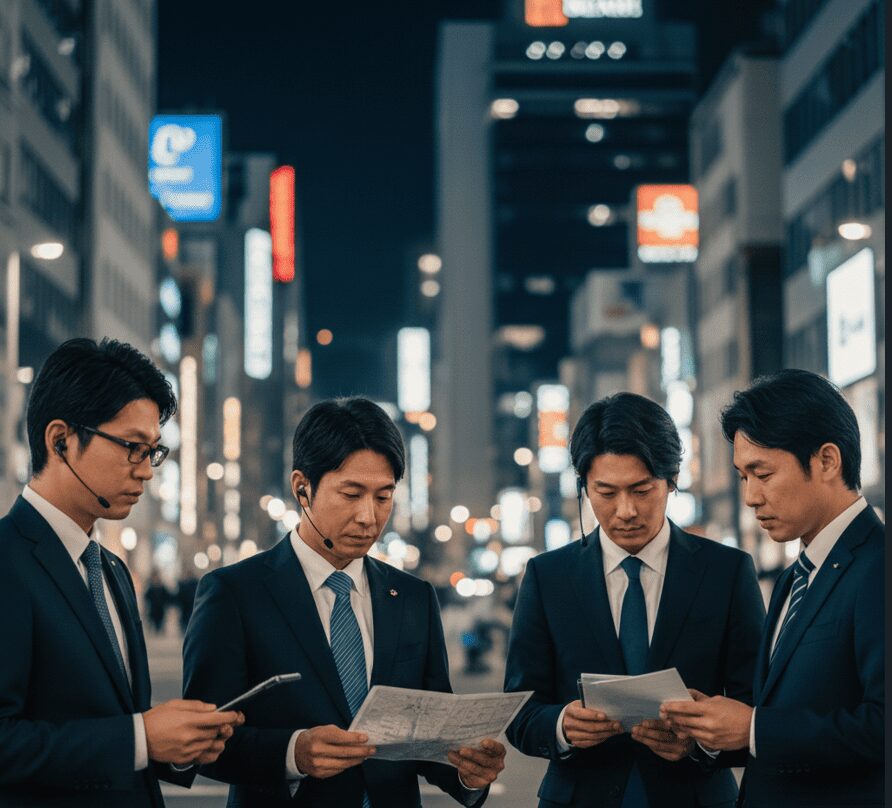 夜の梅田の街を背景に、インカムを装着し、地図を見ながら連携を取り合う複数の日本人探偵たち。RESTART探偵事務所が緻密な戦略でクリスマス浮気調査にあたる、プロフェッショナルなチームワークを象徴する画像。