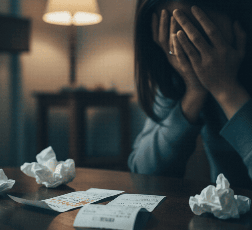 浮気が発覚し、泣き崩れる女性の手元。最悪の行動を避け、冷静な対処を促すイメージ。