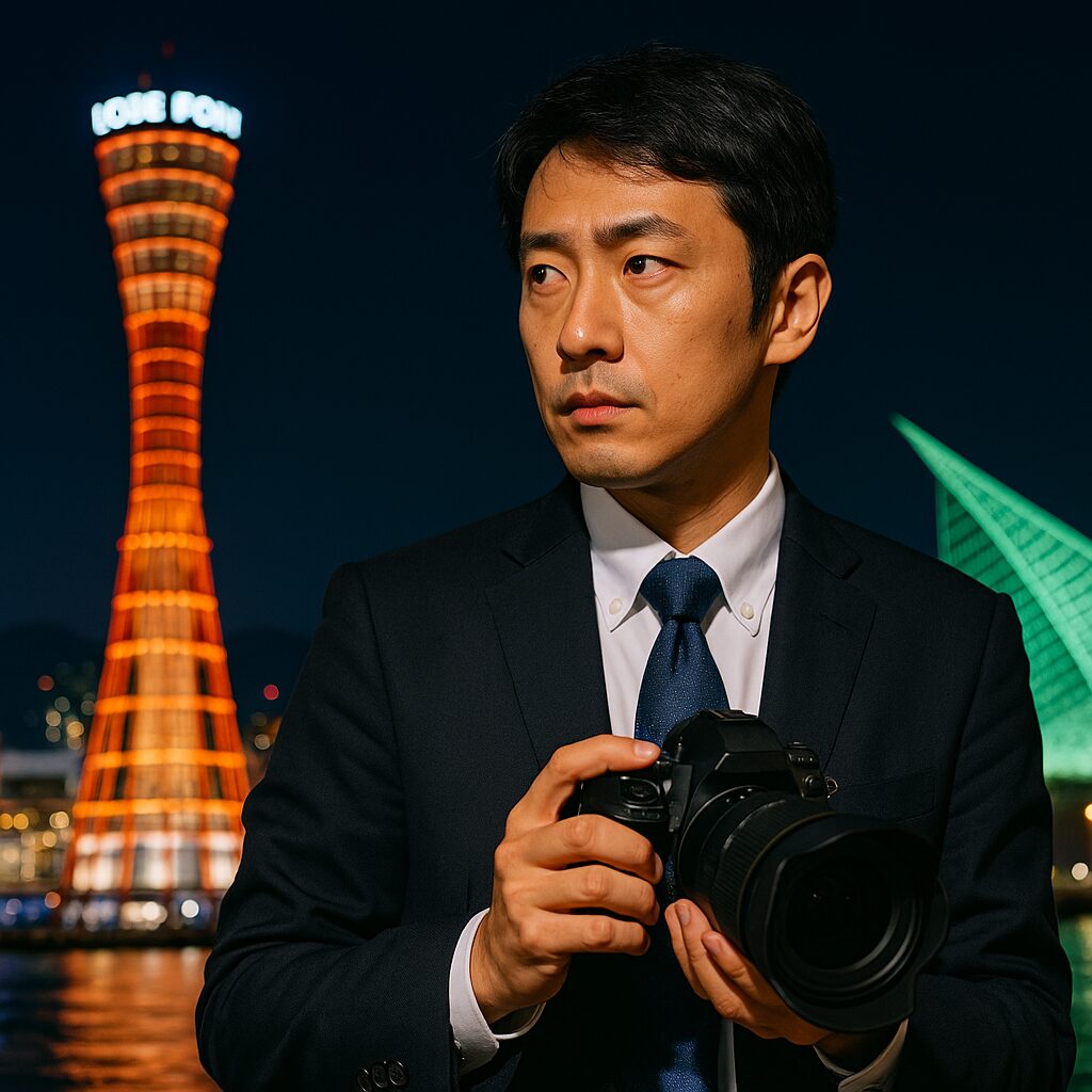 夜の繁華街を歩く日本人スーツ男性がスマートフォンを見つめながら足早に移動している様子。忘年会シーズンの帰宅途中に、浮気の兆候や怪しい行動を思わせるリアルなシーン。