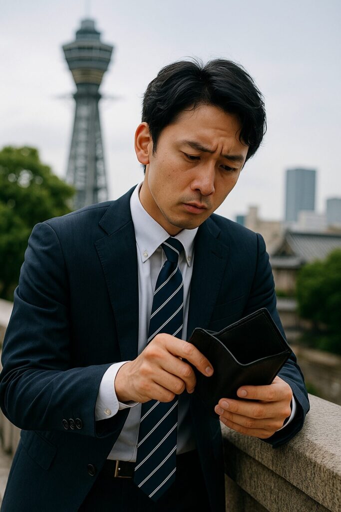 スーツ姿の若い日本人男性が高級感のボーナス期の高揚感と浮気の兆候を感じさせるシーン。