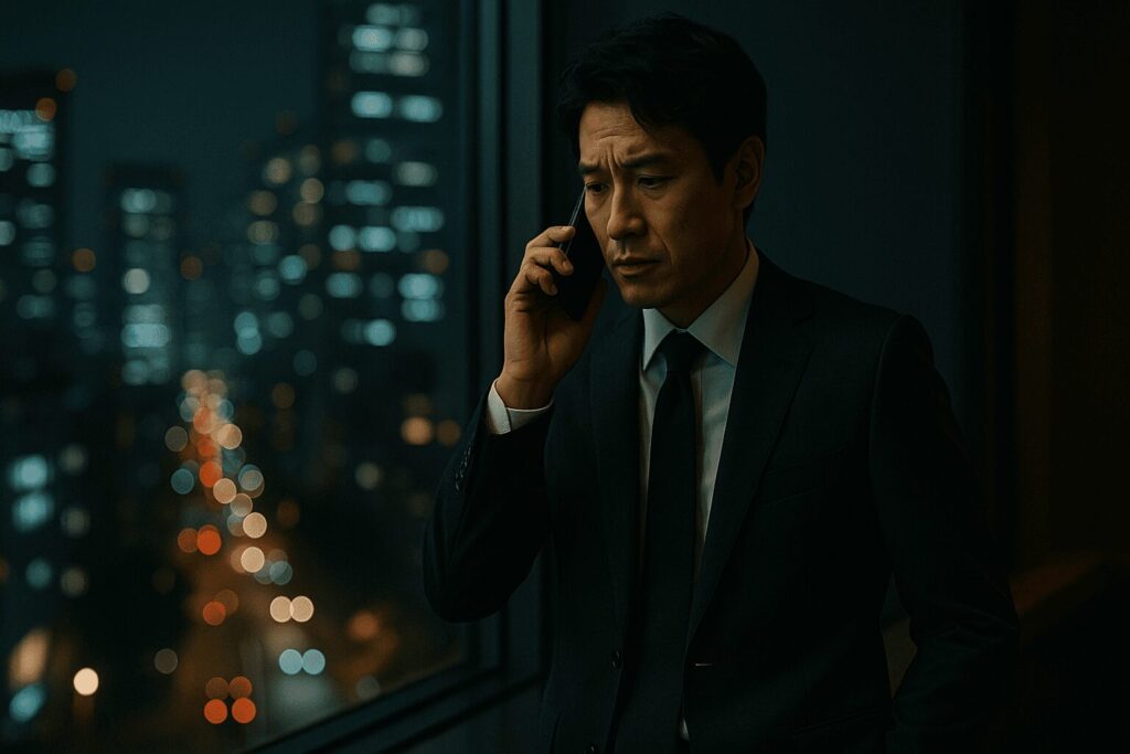 夜景の見える窓際で、深刻な表情で電話をするスーツ姿の男性。