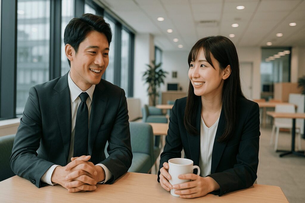 職場で親密に話す男女。不倫相手との出会いの場として最も多い、職場での関係性をイメージ。