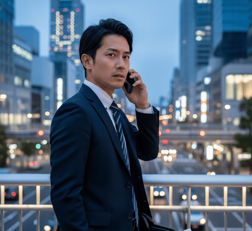 大阪のビジネス街で忙しそうに電話をする男性（夫）。営業職などの環境リスクを表現。