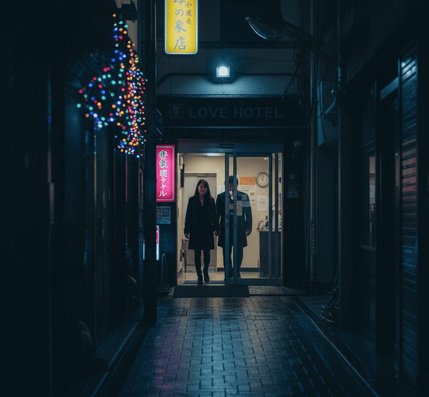 難波のホテル街入口付近。探偵が決定的な浮気証拠を押さえるための現場の緊張感。