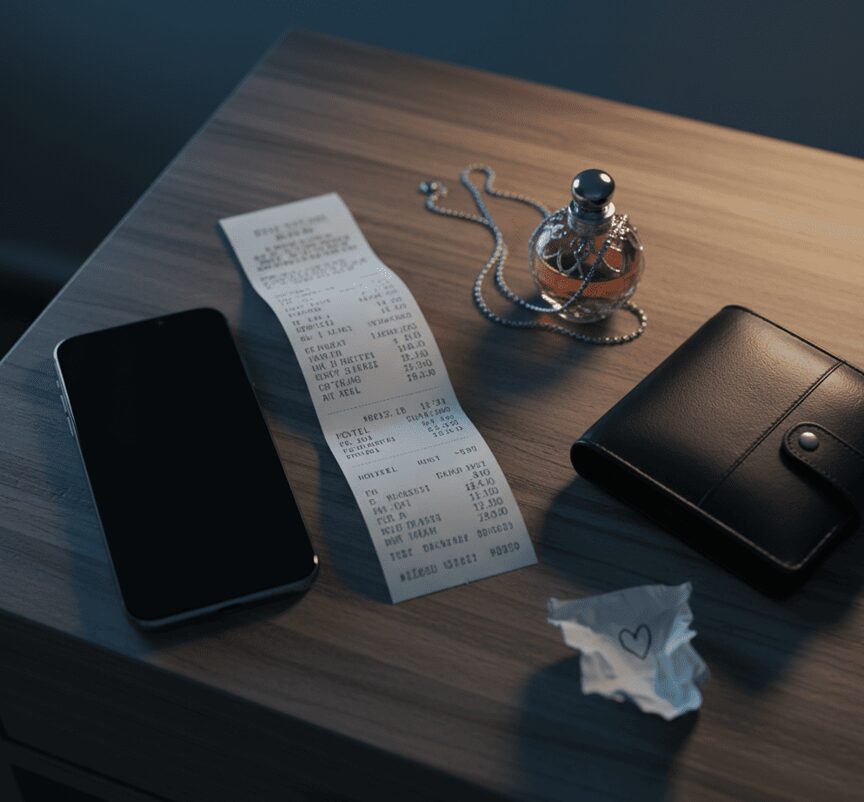 サイドテーブルに置かれたスマートフォン、レシート、香水、財布。そして、小さなハートが描かれたくしゃくしゃのメモ。不倫発覚前の「小さな異変」となる証拠品の数々を暗示する。