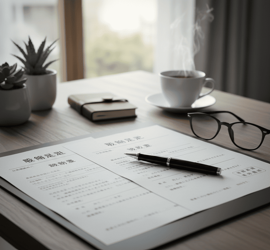 浮気発覚後に整理された誓約書や法的な書類。パートナーとの関係リセットに向けた準備。