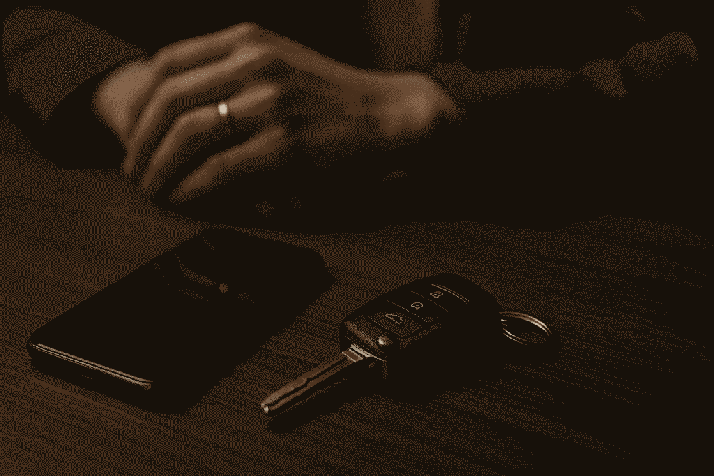 テーブルに伏せて置かれたスマートフォンと指輪をした手元。