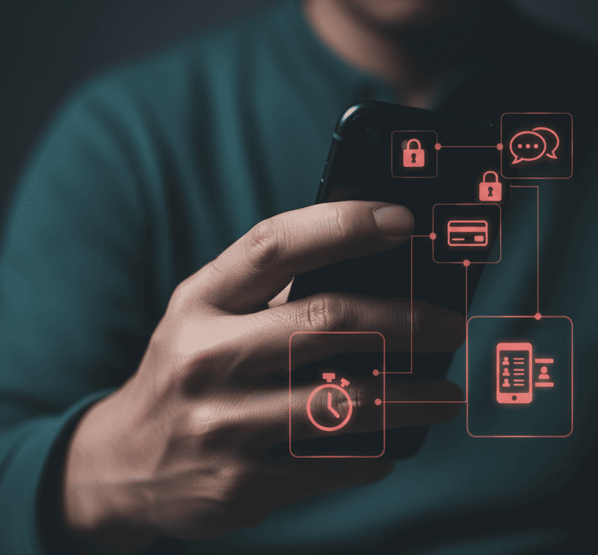 秘密めいた様子でスマートフォンの画面を隠す男性の手。デジタル機器に見られる浮気のサイン。