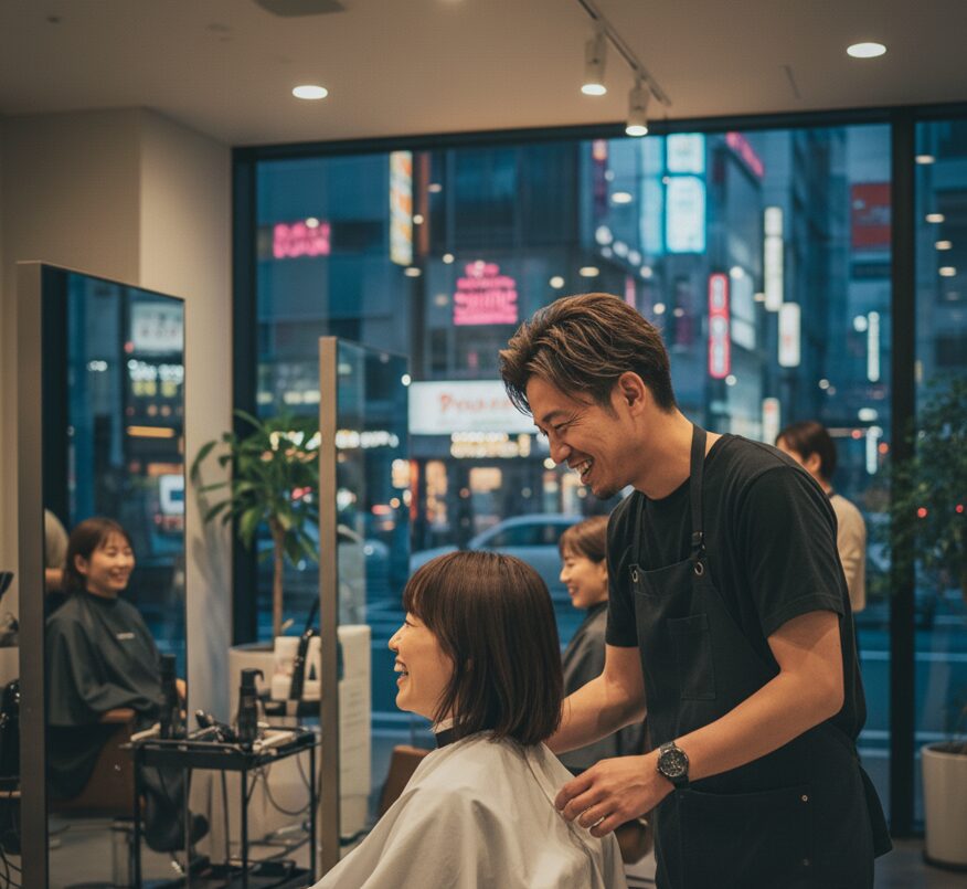 大阪の美容室で、お客様と親密に会話する日本人美容師。職業柄の親密さが不倫の噂に繋がるイメージ。