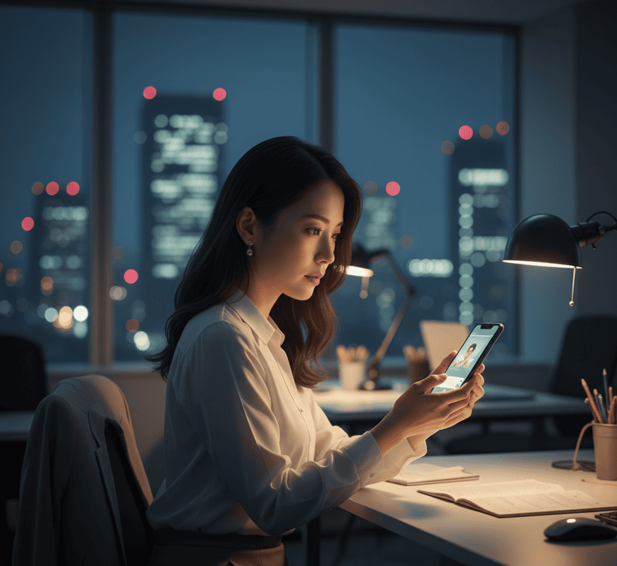 オフィスでスマートフォンを操作する女性（妻）。職場環境による精神的な隙間を暗示。