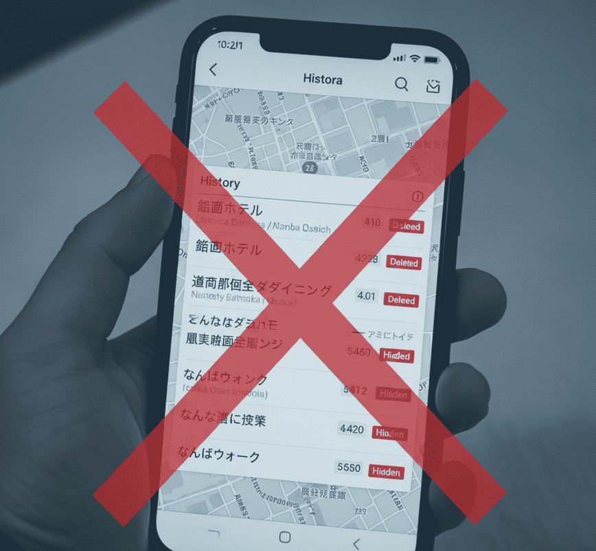 難波周辺の地図アプリ画面。浮気隠蔽のために削除されたデジタル履歴の痕跡。