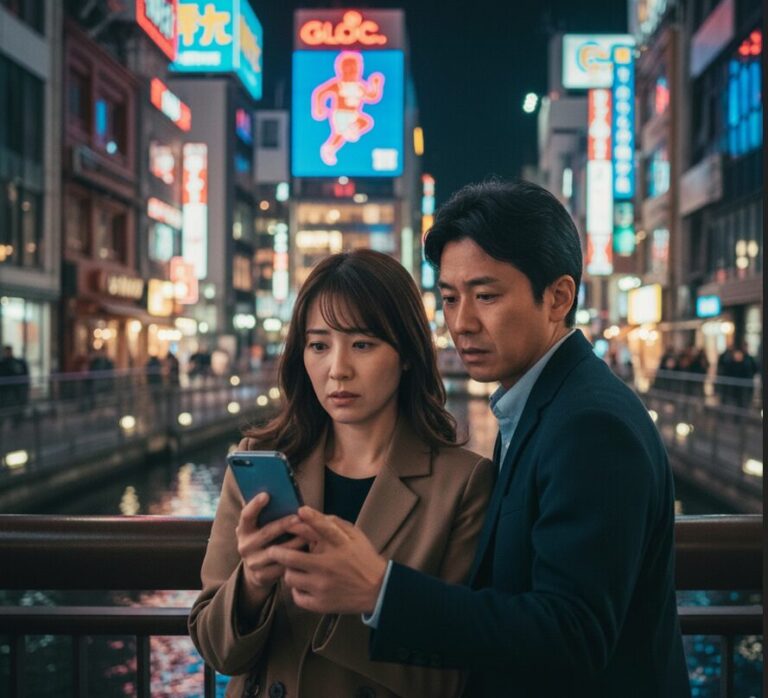 大阪の繁華街・道頓堀を背景に、不安げな表情でスマートフォンを覗き込む日本人夫婦。浮気しやすい職業のランキングとサインをRESTART探偵事務所が解説。