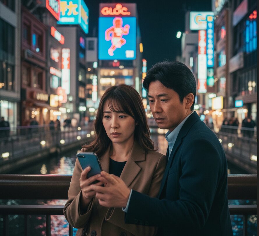 大阪の繁華街・道頓堀を背景に、不安げな表情でスマートフォンを覗き込む日本人夫婦。浮気しやすい職業のランキングとサインをRESTART探偵事務所が解説。