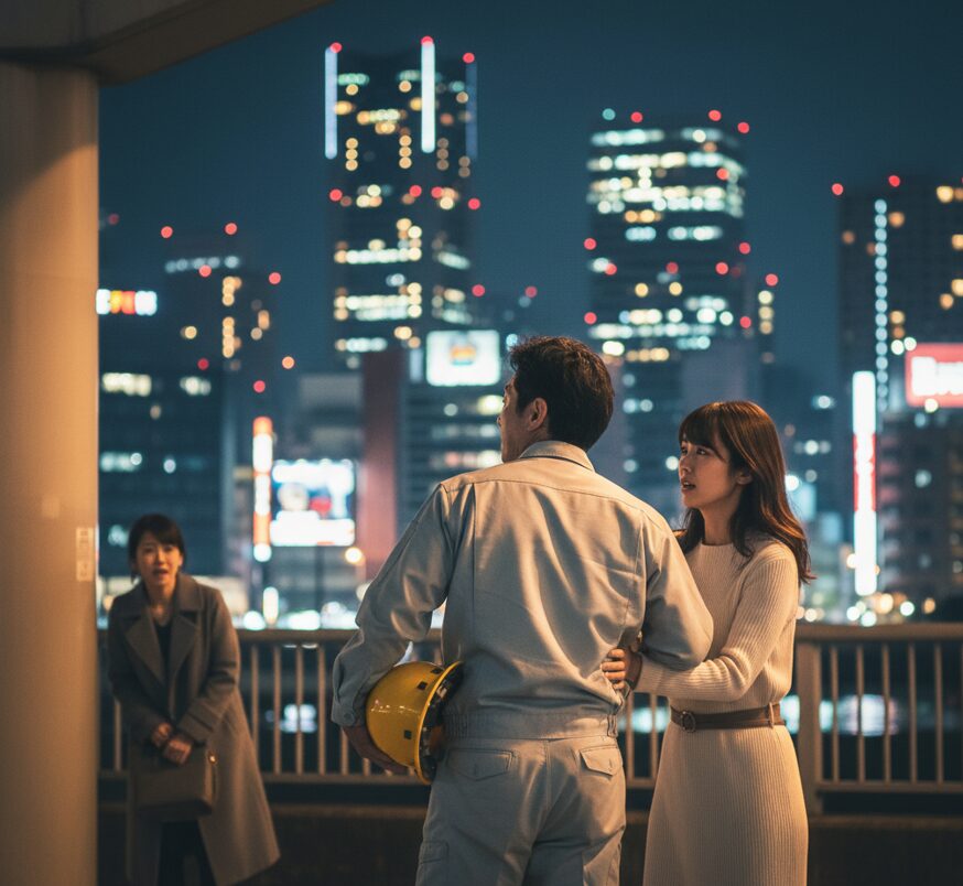 大阪の夜景を背景に、建設作業着姿の夫と親密に歩く女性の後姿を、遠くから不安そうに見つめる妻。