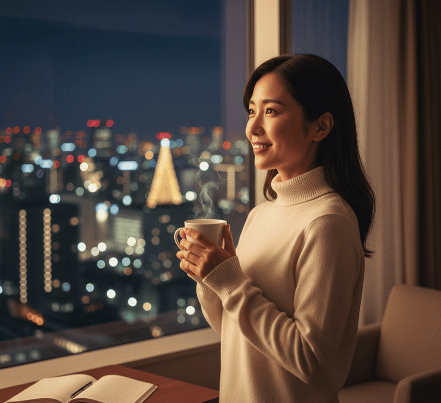 夜の梅田の街並みを背景に、穏やかな笑顔で遠くを見つめる20代後半の日本人女性。クリスマスの浮気問題が解決し、不安から解放されて新たな未来への希望を感じさせる、温かく前向きな情景。