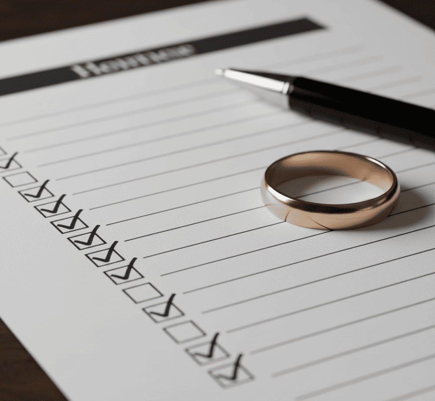浮気発覚後の行動を整理するためのチェックリストと結婚指輪。決意を感じさせるイメージ。