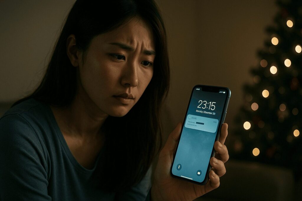 パートナーのスマートフォンのロック画面を覗き込み、浮気の証拠を探す女性。