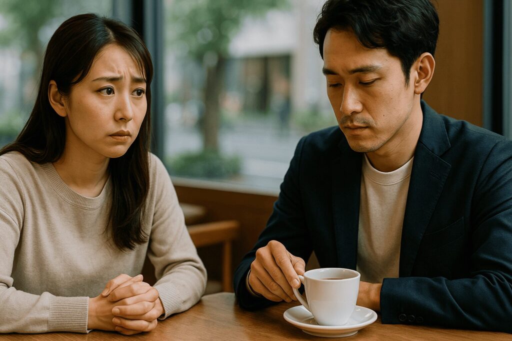 カフェで視線を合わせず、気まずい雰囲気で向かい合うカップル。