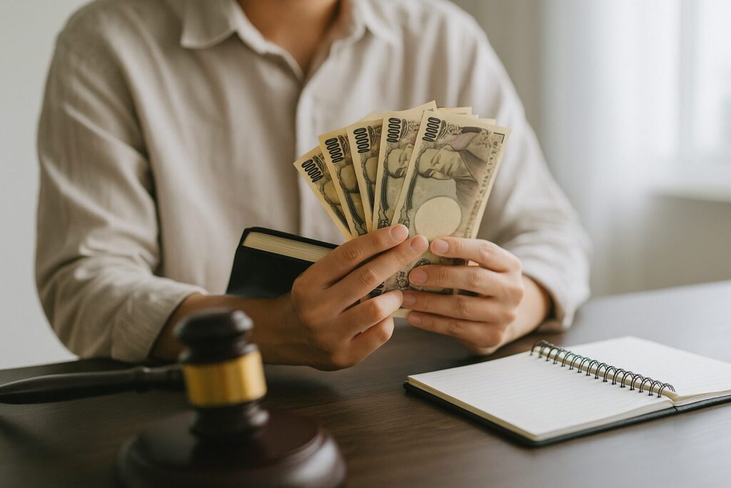 「日本円の紙幣を手に持つ人物の手元を捉えた写真。財産分与や浮気による金銭的影響を連想させる構図で、背景には木製のテーブルが写っている。」