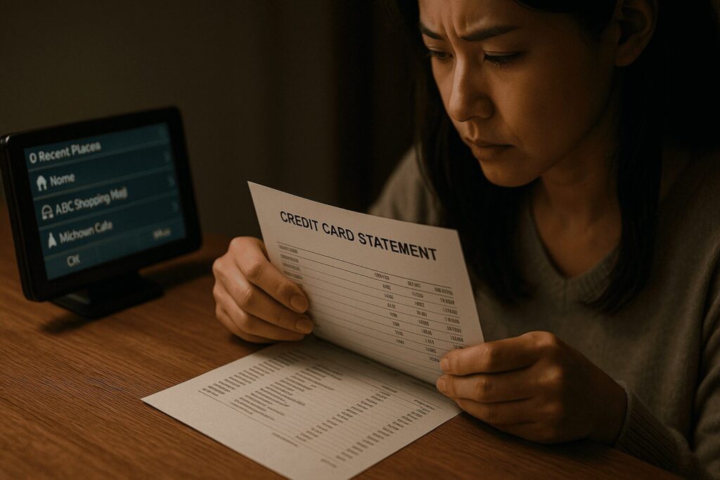 クレジットカード明細とカーナビの履歴を確認し、パートナーの行動を調べる女性の手元。