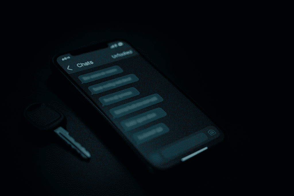 暗闇に浮かび上がるスマートフォンのメッセージ画面。