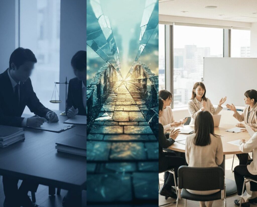 天秤の上に「慰謝料」と「再構築」の札が置かれ、その隣に探偵の調査報告書と弁護士の書類が並んでいるイメージ。未来の選択肢を象徴する。