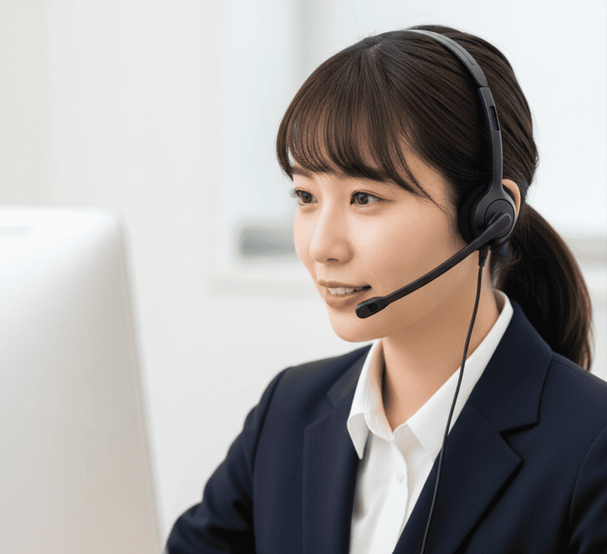 ヘッドセットを装着し、親身になって相談に対応するRESTART探偵事務所の日本人女性オペレーター。