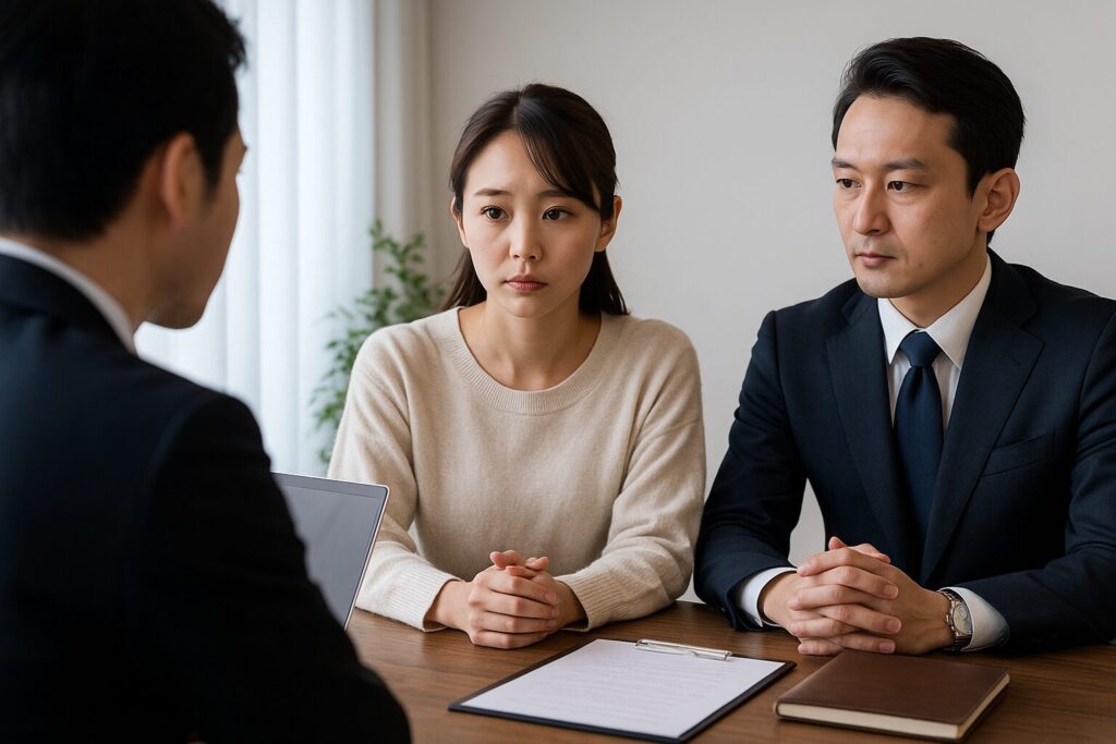 スーツ姿の3人の日本人(男女含む)が会議室で真剣に話し合っている様子を捉えた写真。探偵、弁護士、依頼者を想起させる専門家同士の相談シーン。浮気問題に対する解決策を共に考えている場面として表現