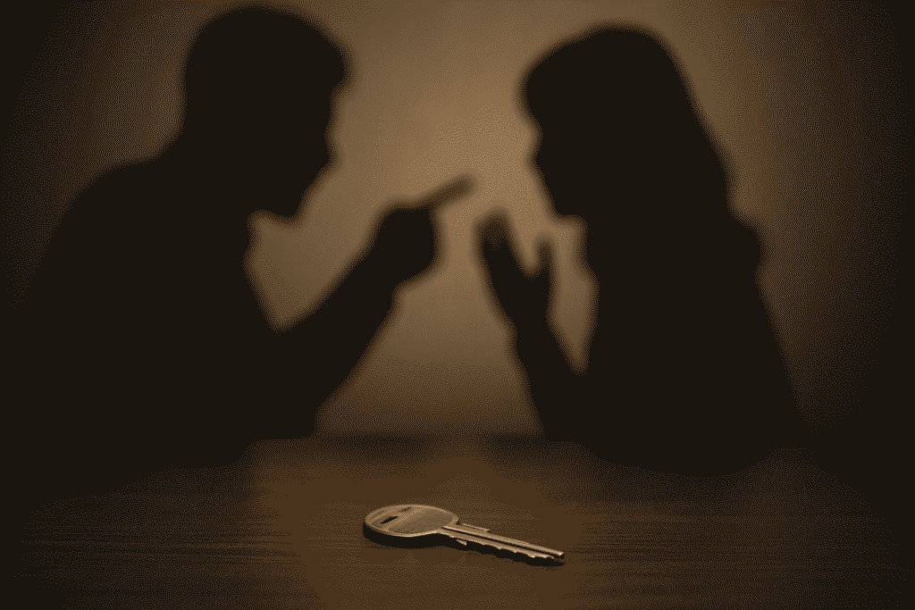 対立する二人の影と、前景に置かれた鍵。