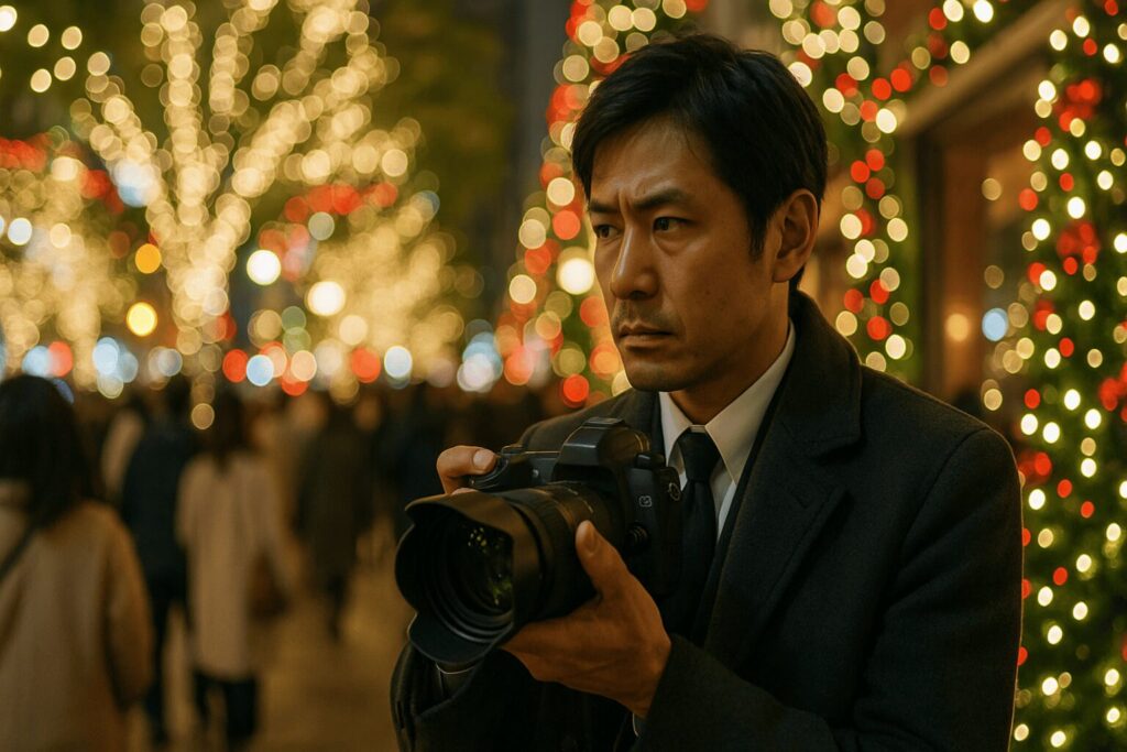 クリスマスの繁華街で、人混みの中を冷静に調査するプロの探偵。
