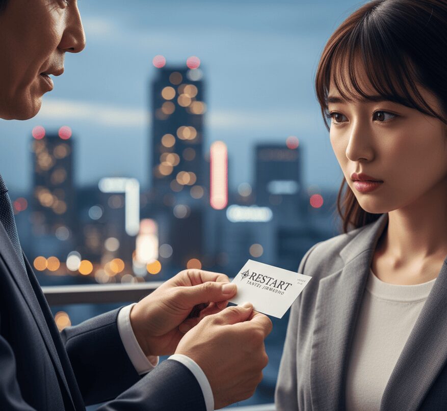 夜景が見えるバルコニーで、スーツ姿の日本人男性が私服の日本人女性に探偵事務所の名刺を差し出している。不安を抱える女性が専門家に相談する様子を表現。