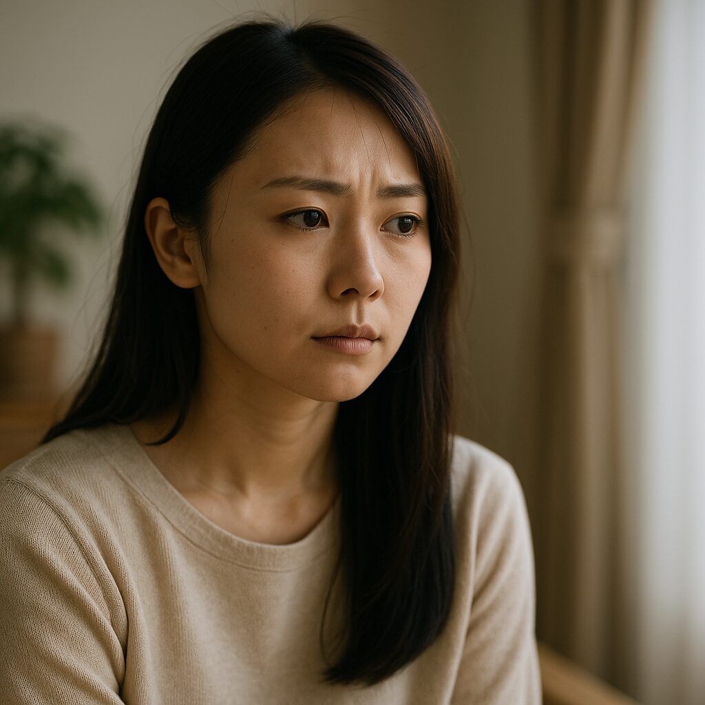 真剣な眼差しを浮かべた若い日本人女性が静かな室内で何かに気づいたように立ち止まり、冷静に現状を見つめている様子。浮気の可能性に対して感情的にならず、理性的に行動しようとする決意を表現。