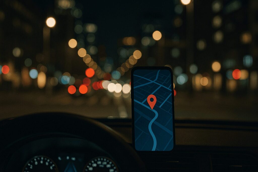 車のフロントガラスに映り込むスマートフォンのGPS追跡画面。