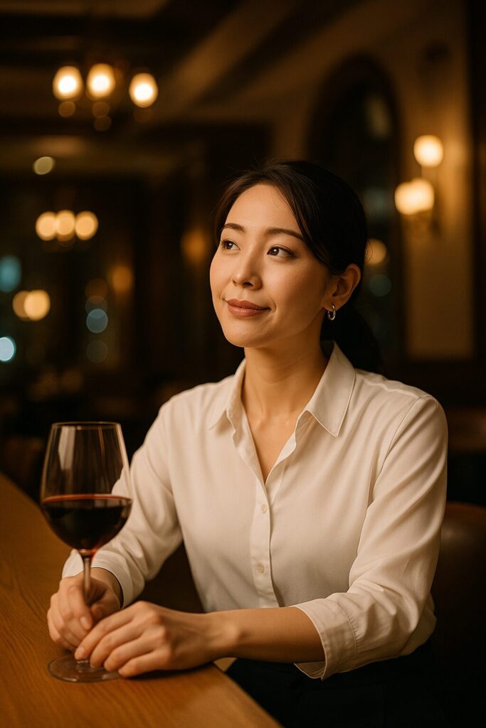 高級ホテルのラウンジでシャンパンを片手にくつろぐ30代の日本人女性。日常から解放されたような表情で、ボーナスによって得た余裕が非日常への欲求を刺激している様子。