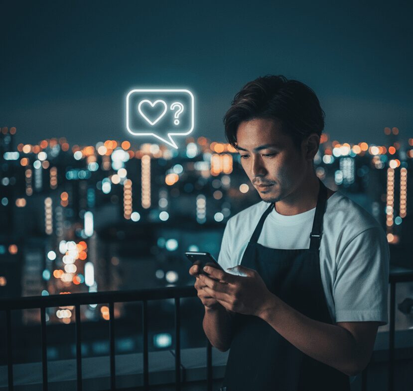 夜景を背景に、スマートフォンを操作する日本人美容師の男性。仕事のストレスや自己承認欲求が不倫につながる「職業病」を暗示。