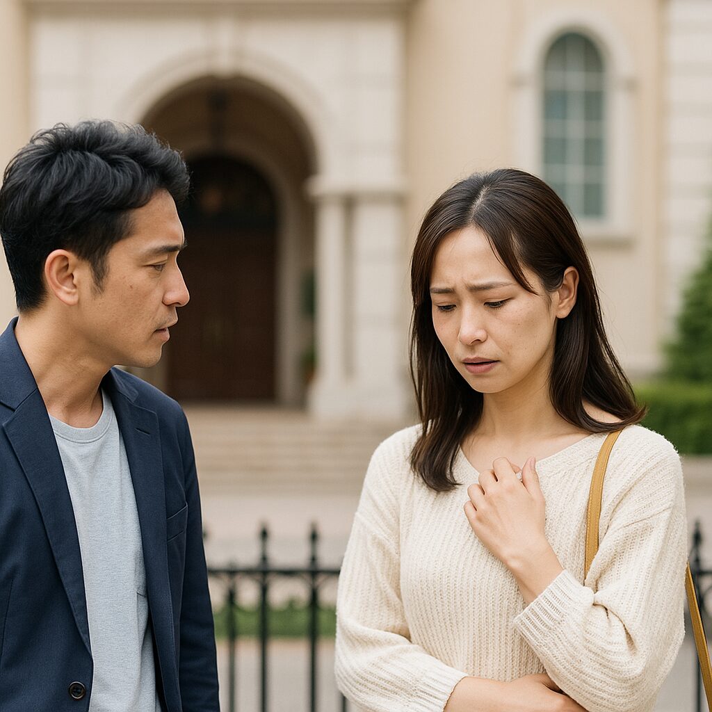 大阪・梅田の街中で信頼できる探偵事務所を探している日本人カップルの後ろ姿。調査依頼に向けて真剣に話し合っている様子。