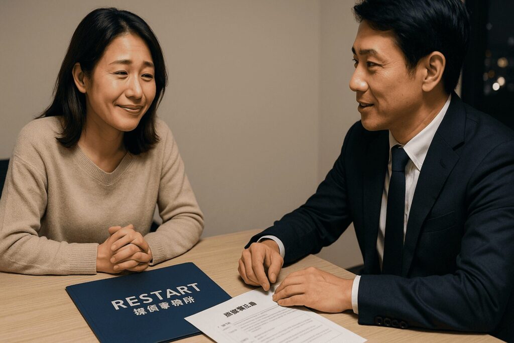 RESTART探偵事務所の調査報告書を受け取り、早期解決に安堵する依頼人