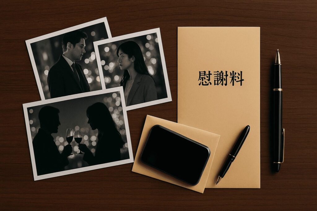 デスクの上に並べられた証拠写真と封筒、万年筆。