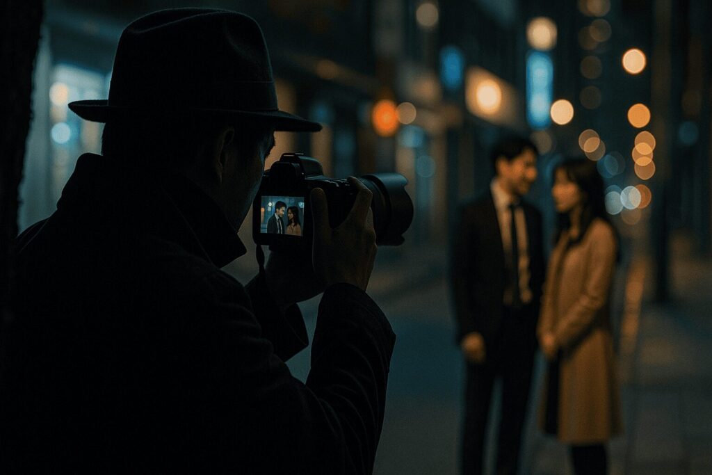 夜の街で浮気調査を行う探偵。裁判でも通用する決定的な不倫の証拠を撮影するプロの仕事。