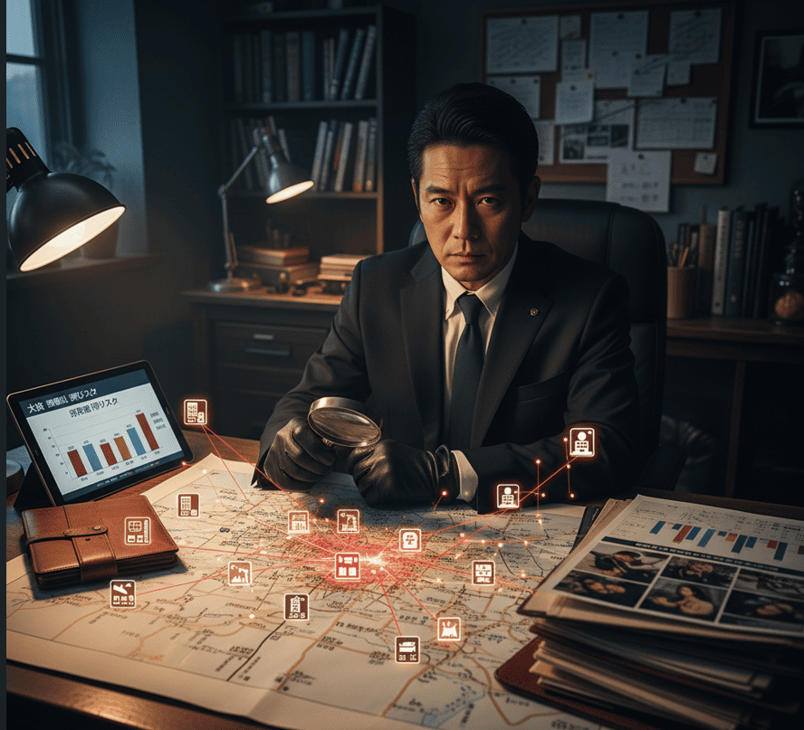 探偵が分析する大阪の地図と調査ファイル。地域と職業の関連性を示すイメージ。