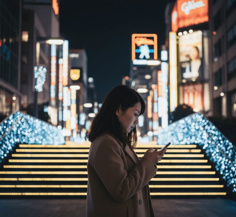 クリスマス前の難波の夜景。不安げにスマホを見る日本人女性のシルエット。浮気発覚リスクの高まりを表現。