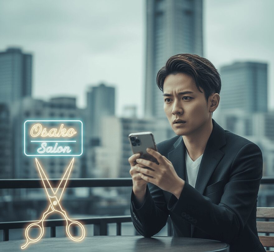 大阪の都心（梅田・心斎橋）を背景に、スマートフォンを覗き込み、不安そうな表情を浮かべる日本人男性。パートナーである美容師の不倫の可能性を疑う配偶者のイメージ。