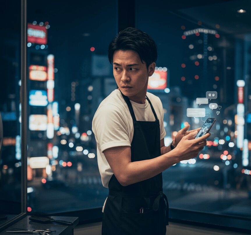 夜の大阪の街を背景に、スマートフォンを操作しながら周囲を警戒する日本人美容師の男性。不倫の秘密めいた特徴を暗示する。