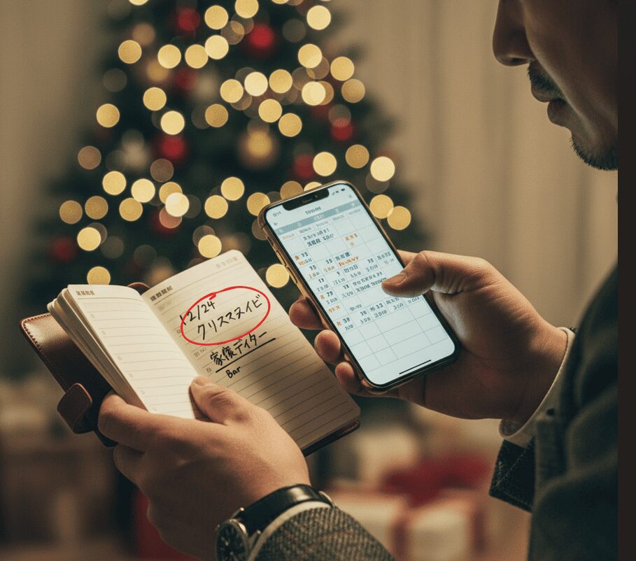 クリスマス前の浮気当事者の手元。時計を見て慌てて予定をチェックする様子。