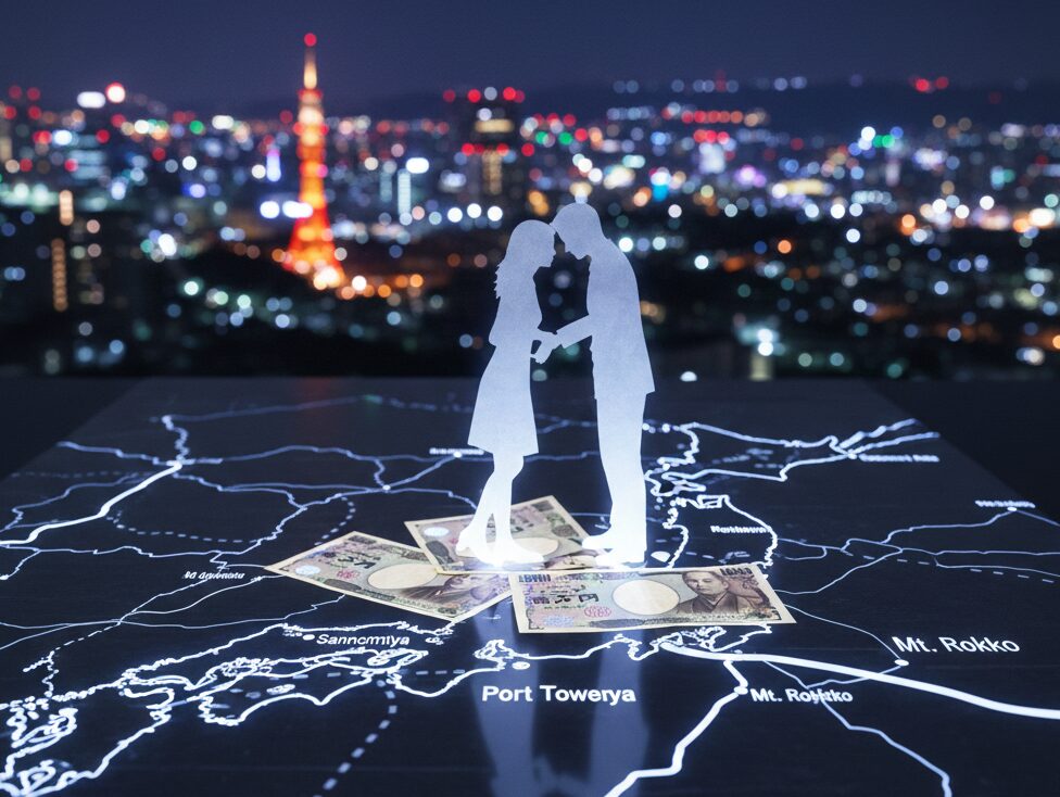 神戸の三宮、ポートタワー、六甲山などのエリアマップの上に、浪費される一万円札と浮気カップルのシルエットが浮かび上がるイメージ。