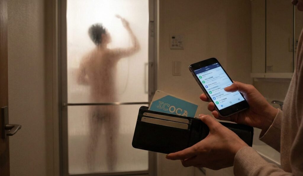 帰省中の実家で、夫が入浴している隙に、妻が夫の財布からICカードを取り出し、スマートフォンの通知をチェックしている様子。