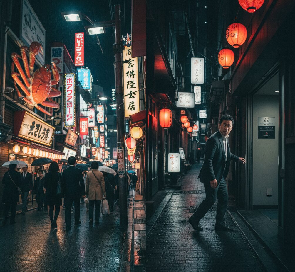 難波の道頓堀の賑やかな表通りと、その裏に隠された浮気の密会場所である路地裏のバー。